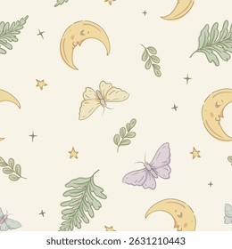 Neutral botanical moon and fern seamless pattern, vector magic texture