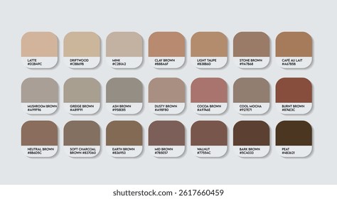 Neutral Brown Color Guide Palette with color Names. Catalog Samples of Neutral Brown with RGB HEX codes and Names. Plastic wood Color Palette, Fashion Trend Pantone Neutral paint Brown Color Palette