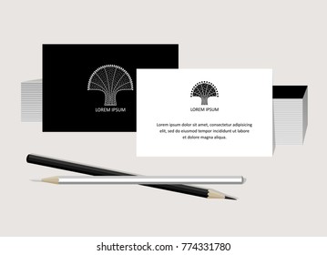 The neutral business cards with the stylized tree. Vector.