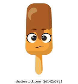 Neutral chocolate popsicle with soft smile and big glossy eyes, isolated on white background, perfect for food character sets, kids illustrations and minimalist summer designs