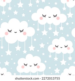 Neutral clouds with eyes and lashes pastel blue sky with stars, cute background seamless pattern for baby room decor, lamp shade and fabric, textile. Vector abstract repeat with sleepy clouds.