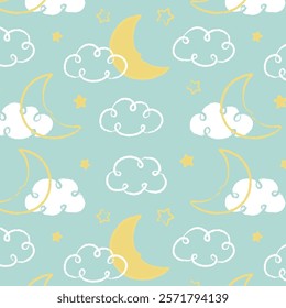 Neutral clouds and  moon with pastel blue sky with stars. Doodle seamless pattern for baby room decor fabric textile. Night sky dream sleep pattern.