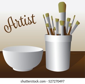 Neutral color paint brushes and bowl with artist text vector illustration on brown and white background. painting or ceramics and pottery 