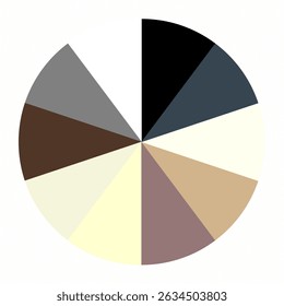 Neutral color palette in pie chart format, featuring tones of black, white, grey, brown, beige, and ivory. Perfect for mood boards, branding, interior design, and color scheme presentations.