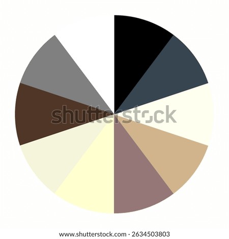 Neutral color palette in pie chart format, featuring tones of black, white, grey, brown, beige, and ivory. Perfect for mood boards, branding, interior design, and color scheme presentations.