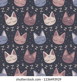 Neutral color seamless pattern illustration with cute kittens asleep. Great for designing cards, children textiles or other surfaces.