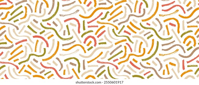 Neutral colored crayon drawn squiggles seamless pattern. Confetti motif background with bold rough scribbles and doodle lines. Hand drawn creative funky background for childish wrapping paper.