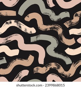 Neutral colored geometric grunge seamless pattern with bold wavy lines and curved brush strokes. Childish Memphis style background. Biological and organic grunge squiggles. Vector ornament.