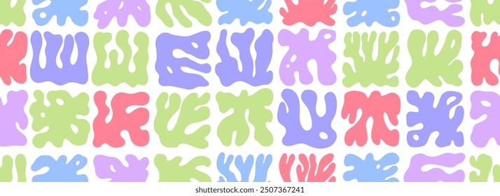 Neutral colored seamless pattern with organic corals shapes. Naive style botanical ornament. Geometric liquid figures. Doodle bizarre seaweed in square shapes. Vector modern organic wallpaper.