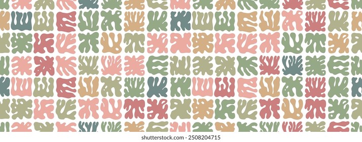 Neutral colored seamless pattern with organic corals shapes. Naive style botanical ornament. Geometric liquid figures. Doodle bizarre seaweed in square shapes. Vector modern organic wallpaper.