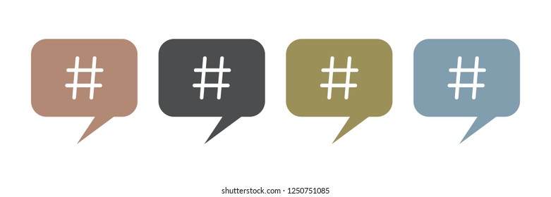 Neutral colored speech bubbles with hashtag symbol. Hashtag symbol in speech bubbles.