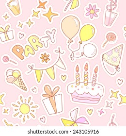 Neutral colorful cheerful cute seamless pattern on the theme of children's parties. Balloons, cake with candles, ice cream, sweets, gifts, flowers, hearts, sparkles, cups on a pale pink background.