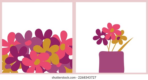 Neutral colors art cards set, different flowers, flowers in a vase. Vector illustration.