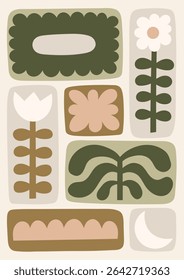 Neutral colors floral vector illustration. Minimalist poster design with flowers and abstract shapes in blocks