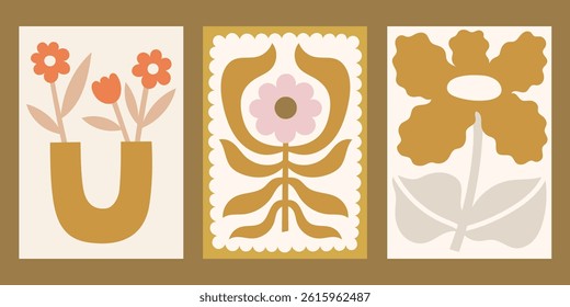 Neutral colors floral vector posters set. Minimalist print designs with flowers in vase and abstract plants