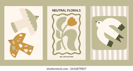 Neutral colors floral vector posters set. Minimalist print designs with flower in whimsical frame and boho doves illustrations