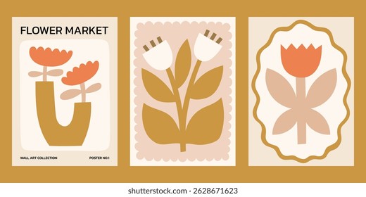 Neutral colors floral vector posters set. Minimalist print designs with flowers in vase and abstract plants in whimsical frames, flower market