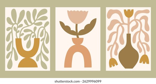 Neutral colors floral vector posters set. Minimalist print designs with flowers in vase in matisse style