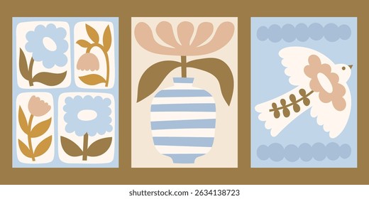 Conjunto de carteles de Vector floral de colores neutros. Diseños minimalistas con flores en florero, plantas e ilustraciones de paloma boho en tonos azules