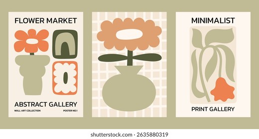 Cores neutras conjunto de cartazes de vetor floral. Projetos de impressão minimalista com flores em vasos, plantas e formas abstratas ilustrações. Mercado das flores