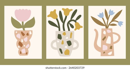 Neutral colors floral vector posters set. Minimalist print designs with flowers in vases and watering can with terrazzo pattern illustrations