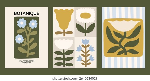 
Neutral colors floral vector posters set. Minimalist print designs with flowers and abstract plants in blocks, on striped background