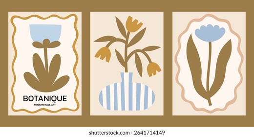 Neutral colors floral vector posters set. Minimalist print designs with flowers in vases and whimsical frames illustrations
