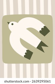 Neutral colors folk bird vector illustration. Minimalist poster design with boho dove on striped background