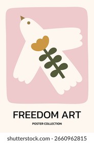 Neutral colors folk bird vector illustration. Minimalist poster design with boho dove with flower