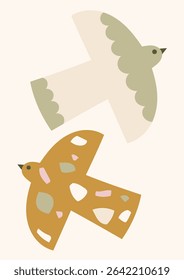 Neutral colors folk birds vector illustration. Minimalist poster design with boho doves
