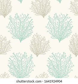 Neutral colors seamless pattern with hand drawn corals, marine theme vector illustration in minimal scandinavian style, ideal for interior design, textile, fabrics etc