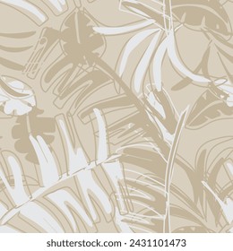 Neutral Colour Tropical Leaf seamless pattern design for fashion textiles, graphics and crafts