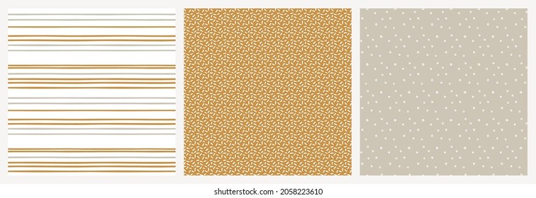 Neutral earthy colours minimalist seamless pattern set. Khaki beige, taupe, white, pastel ochre repeat backgrounds with stripes and abstract marks.