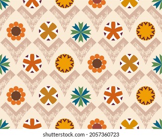 Neutral earthy grounded warm hues geometric flowers in various circular and v shapes. Vector surface pattern for backgrounds, digital realm, printed paper products, graphic resources or scrapbooking.