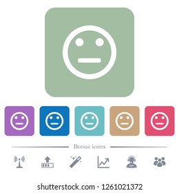 Neutral emoticon white flat icons on color rounded square backgrounds. 6 bonus icons included