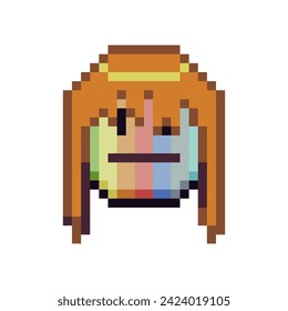 Neutral expression, rainbow face with long hair pixel art icon. Cartoon character. Flat style. 8-bit style. Isolated abstract vector illustration.