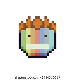 Neutral expression, rainbow face with short hair pixel art icon. Cartoon character. Flat style. 8-bit style. Isolated abstract vector illustration.