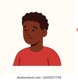 Rosto neutro afro-americano menino avatar, vetor desenhos animados cabeça infantil com expressão calma, vista lateral