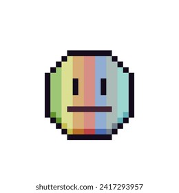 Neutral facial expression, rainbow face pixel art icon. Cartoon character. Flat style. 8-bit style. Isolated abstract vector illustration.