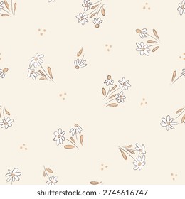 Neutral Floral Toss Seamless Vector Pattern Soft Flower Bloom Tiny Hand Drawn Flowers Background