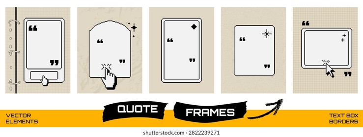 Neutral frame and text badge set with plain quote boxes. Beige panels with grid texture with arched and rectangular pixel shapes. Vector frame and text tag for interface or flyer layout for callout.