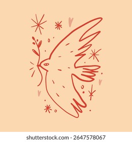 Ilustração de vetor de pomba folclórica de cores suaves neutras. Design de pôster minimalista com boho pássaro no fundo. Esboço de boêmio desenho desenho animado passarinho inspirado em desenhos de linha Pablo Picasso