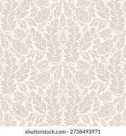 Neutral geometric damask style seamless floral pattern background. Beautiful hand drawn tonal textural backdrop. Elegant botanical repeat for wedding, engagement, celebration, gifting