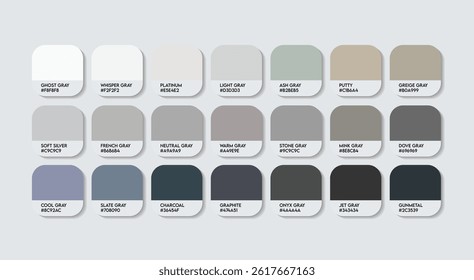 Neutral Gray Color Guide Palette with color Names. Catalog Samples of Neutral Gray with RGB HEX codes and Names. silver and iron Color Palette, Fashion Trend Pantone Neutral paint Gray Color Palette