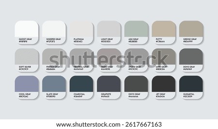 Neutral Gray Color Guide Palette with color Names. Catalog Samples of Neutral Gray with RGB HEX codes and Names. silver and iron Color Palette, Fashion Trend Pantone Neutral paint Gray Color Palette