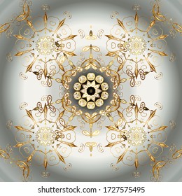 Colores neutros y grises con elementos dorados. Metal de oro con estampado floral. Patrón dorado sin remedio. Vector dorado adorno floral brocado textil y vidrio patrón.