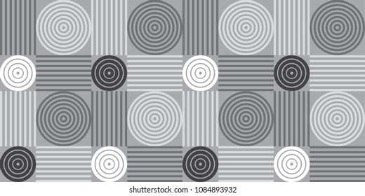 Neutral gray geometric seamless background pattern with concentric circles and parallel lines.  Grayscale tiled vector pattern of abstract shapes and squares.