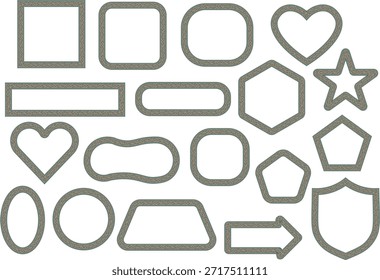 Neutrale graue Umrissformen und einfache dekorative Symbole. Reinigen Sie geometrische Ränder mit Herzen, Sternen, Pfeilen und Abzeichen in minimalem Stil. Vielseitige Elemente für Benutzeroberfläche, Vorlagen und moderne Grafikkarten