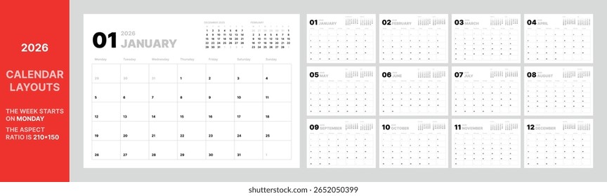 Escala de cinza neutra 2026 vetor calendário layout segunda-feira início horizontal grade planejador projeto ano completo visão geral moderna mínima semana ver negrito tipografia imprimível parede formato relação de aspecto 210x150