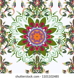 Neutral, green and brown colors. Colored elements. Abstract vector decorative ethnic mandala sketchy seamless pattern.